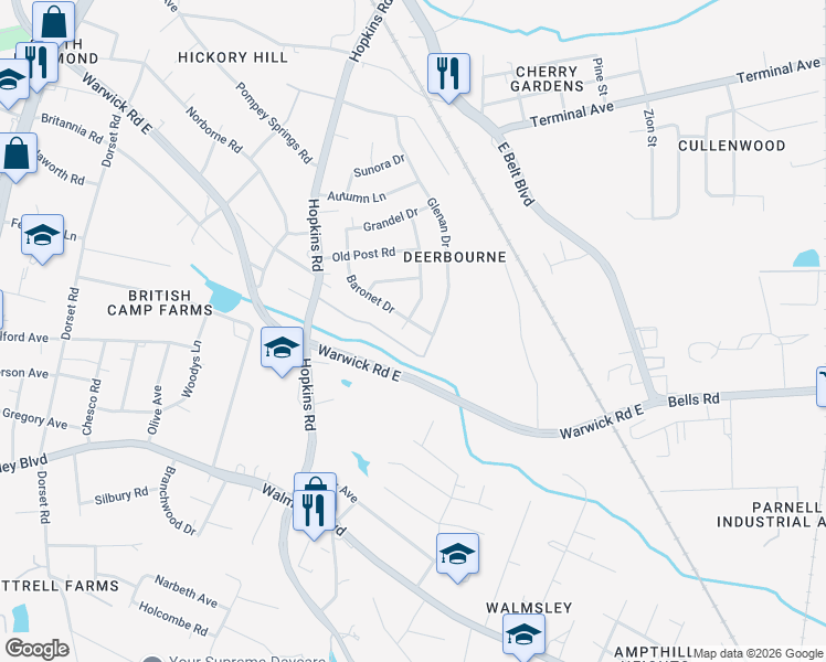 map of restaurants, bars, coffee shops, grocery stores, and more near 3715 Baronet Drive in Richmond