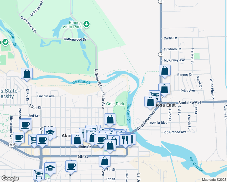 map of restaurants, bars, coffee shops, grocery stores, and more near 52 Cascade Avenue in Alamosa