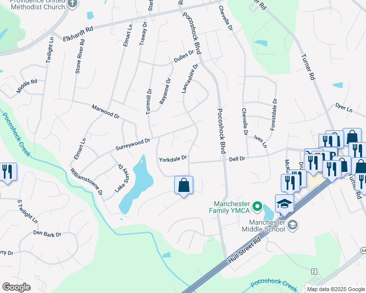 map of restaurants, bars, coffee shops, grocery stores, and more near 7717 Lancashire Court in Richmond