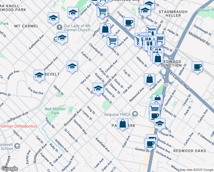map of restaurants, bars, coffee shops, grocery stores, and more near 1124 Ebener Street in Redwood City