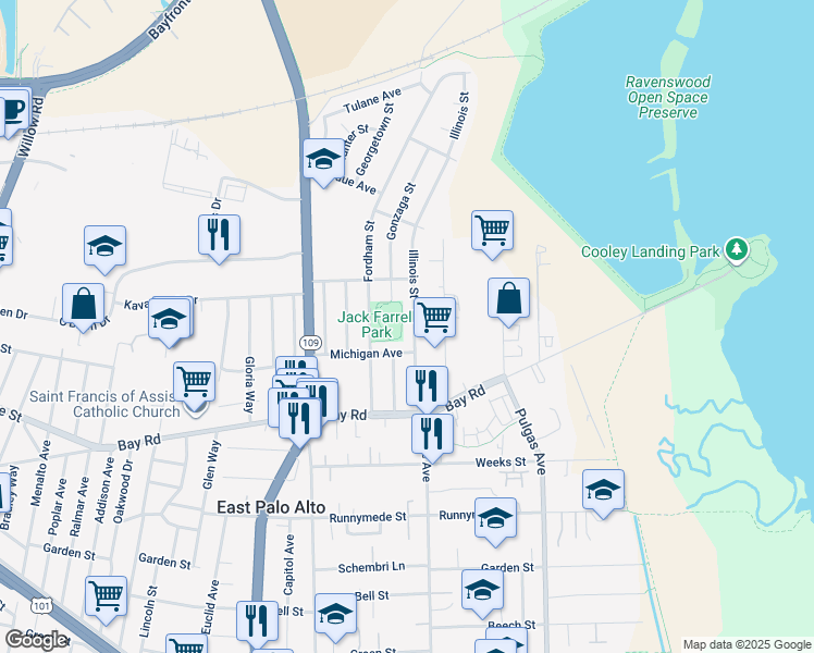 map of restaurants, bars, coffee shops, grocery stores, and more near 2531 Illinois Street in East Palo Alto