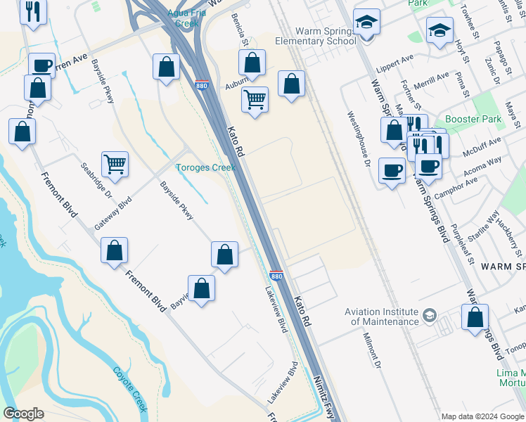 map of restaurants, bars, coffee shops, grocery stores, and more near 47550 Kato Road in Fremont