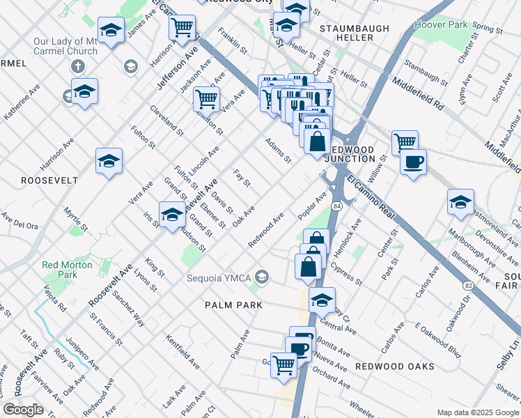 map of restaurants, bars, coffee shops, grocery stores, and more near 417 Oak Avenue in Redwood City