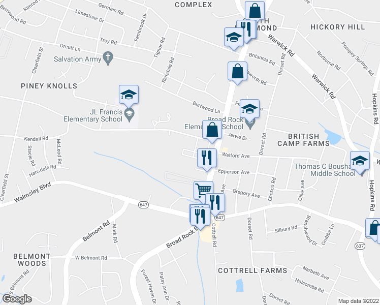 map of restaurants, bars, coffee shops, grocery stores, and more near 3266 Snead Court in Richmond