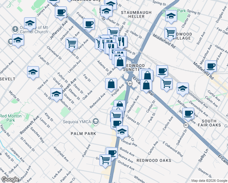 map of restaurants, bars, coffee shops, grocery stores, and more near 238 Poplar Avenue in Redwood City