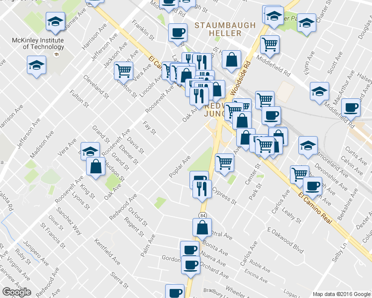 map of restaurants, bars, coffee shops, grocery stores, and more near 252 Poplar Avenue in Redwood City