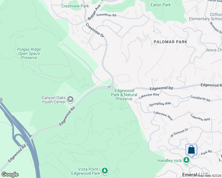 map of restaurants, bars, coffee shops, grocery stores, and more near Crestview Dr & Edgewood Rd in San Mateo County
