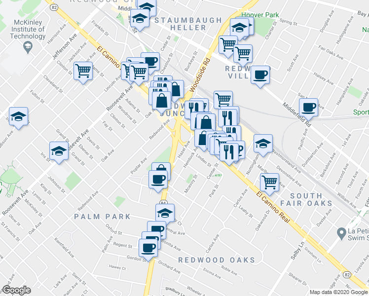 map of restaurants, bars, coffee shops, grocery stores, and more near 108 Hazel Avenue in Redwood City