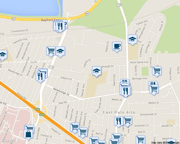map of restaurants, bars, coffee shops, grocery stores, and more near 12 Kirkwood Court in East Palo Alto