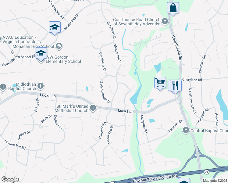 map of restaurants, bars, coffee shops, grocery stores, and more near 1125 Westcreek Drive in Richmond