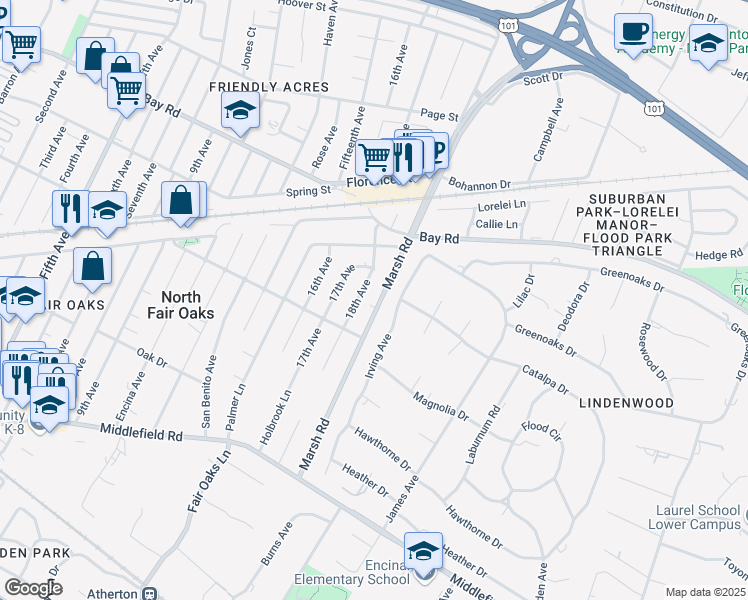 map of restaurants, bars, coffee shops, grocery stores, and more near 765 Marsh Road in Menlo Park