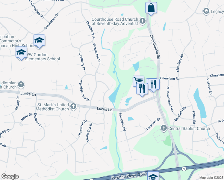 map of restaurants, bars, coffee shops, grocery stores, and more near 1025 Mansfield Crossing Road in Richmond