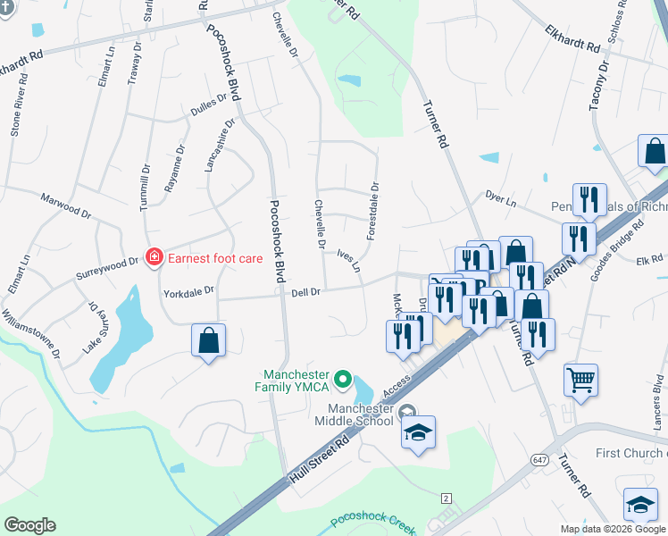 map of restaurants, bars, coffee shops, grocery stores, and more near 2011 Chevelle Drive in Richmond