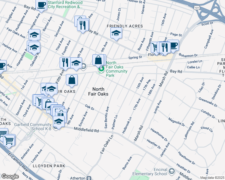 map of restaurants, bars, coffee shops, grocery stores, and more near 647 San Benito Avenue in Menlo Park