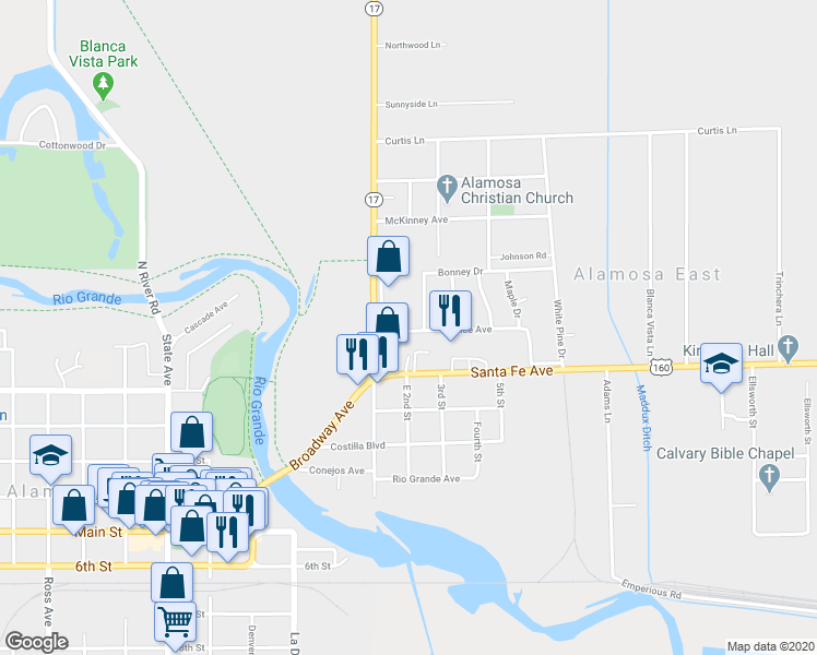 map of restaurants, bars, coffee shops, grocery stores, and more near 131 Price Avenue in Alamosa