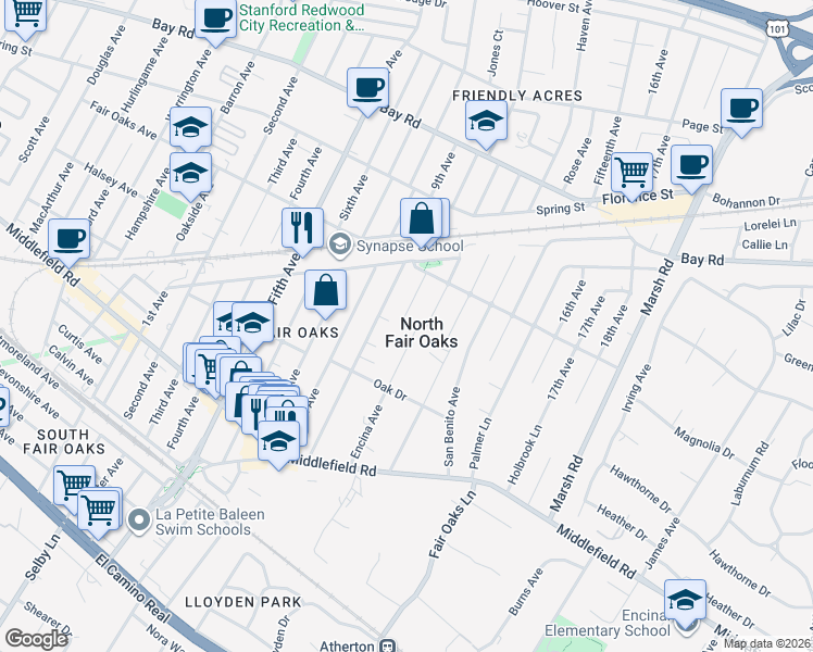 map of restaurants, bars, coffee shops, grocery stores, and more near 563 Encina Avenue in Menlo Park