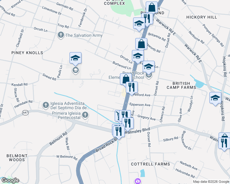 map of restaurants, bars, coffee shops, grocery stores, and more near 3266 Snead Court in Richmond