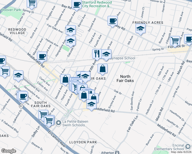 map of restaurants, bars, coffee shops, grocery stores, and more near in Atherton