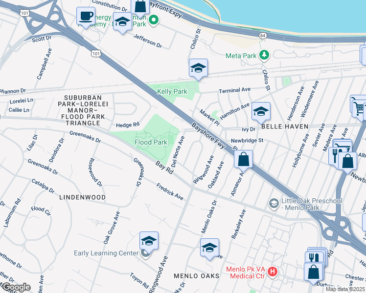 map of restaurants, bars, coffee shops, grocery stores, and more near 1028 Del Norte Avenue in Menlo Park