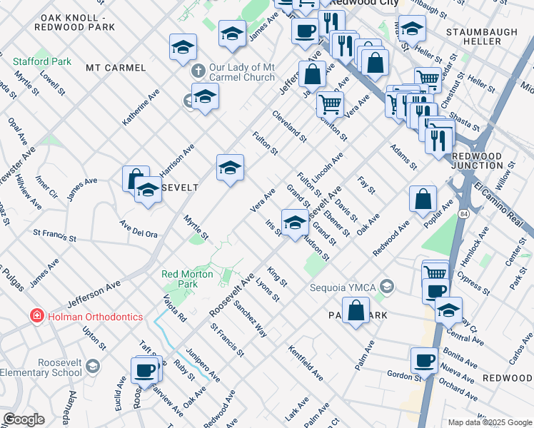 map of restaurants, bars, coffee shops, grocery stores, and more near 936 Hudson Street in Redwood City