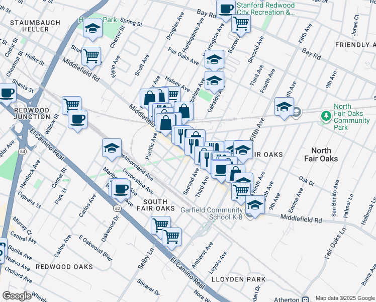 map of restaurants, bars, coffee shops, grocery stores, and more near 2943 Middlefield Road in Redwood City