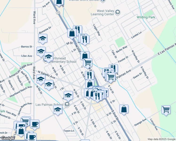 map of restaurants, bars, coffee shops, grocery stores, and more near 200 North 2nd Street in Patterson