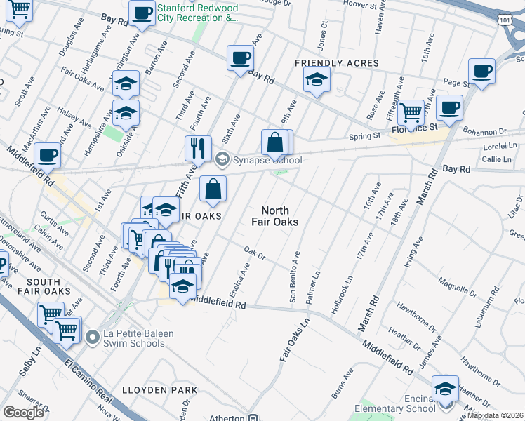 map of restaurants, bars, coffee shops, grocery stores, and more near 563 Encina Avenue in Menlo Park