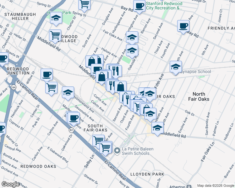 map of restaurants, bars, coffee shops, grocery stores, and more near 2943 Middlefield Road in Redwood City