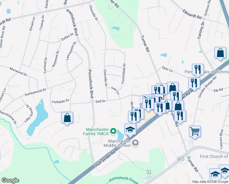 map of restaurants, bars, coffee shops, grocery stores, and more near 2011 Chevelle Drive in Richmond