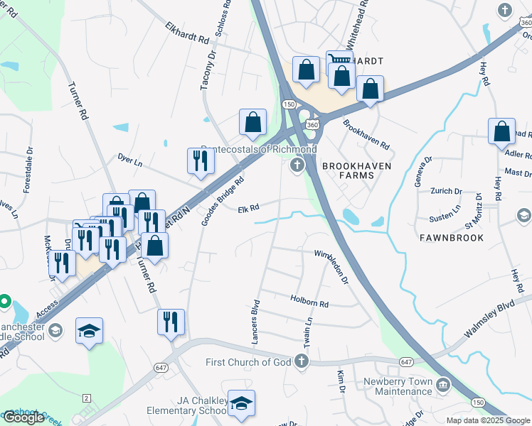 map of restaurants, bars, coffee shops, grocery stores, and more near 6711 Elk Road in Richmond