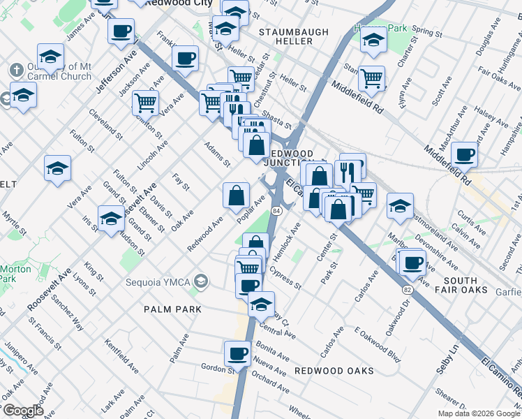 map of restaurants, bars, coffee shops, grocery stores, and more near 175 Poplar Avenue in Redwood City