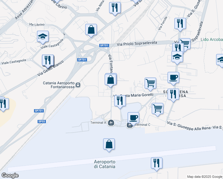 map of restaurants, bars, coffee shops, grocery stores, and more near Via Fontanarossa in Catania