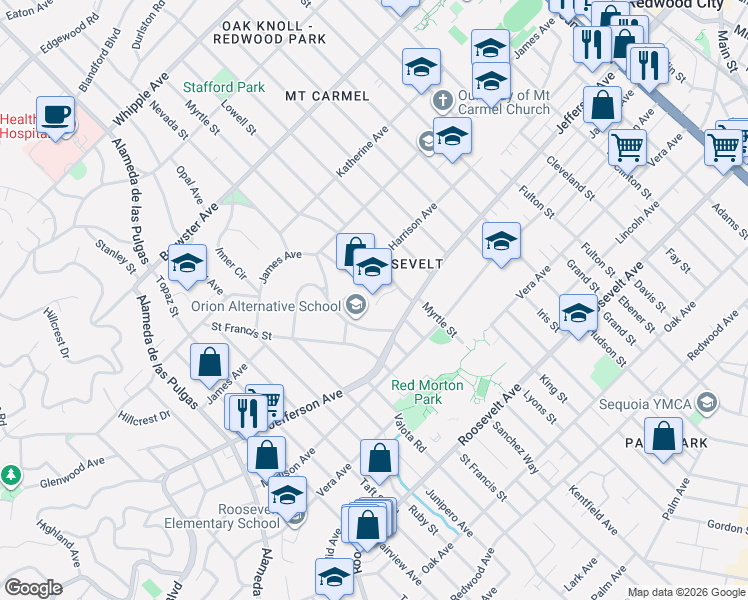 map of restaurants, bars, coffee shops, grocery stores, and more near 555 Avenue Del Ora in Redwood City