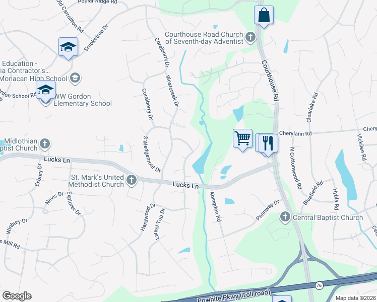 map of restaurants, bars, coffee shops, grocery stores, and more near 11401 Briarhurst Road in Richmond