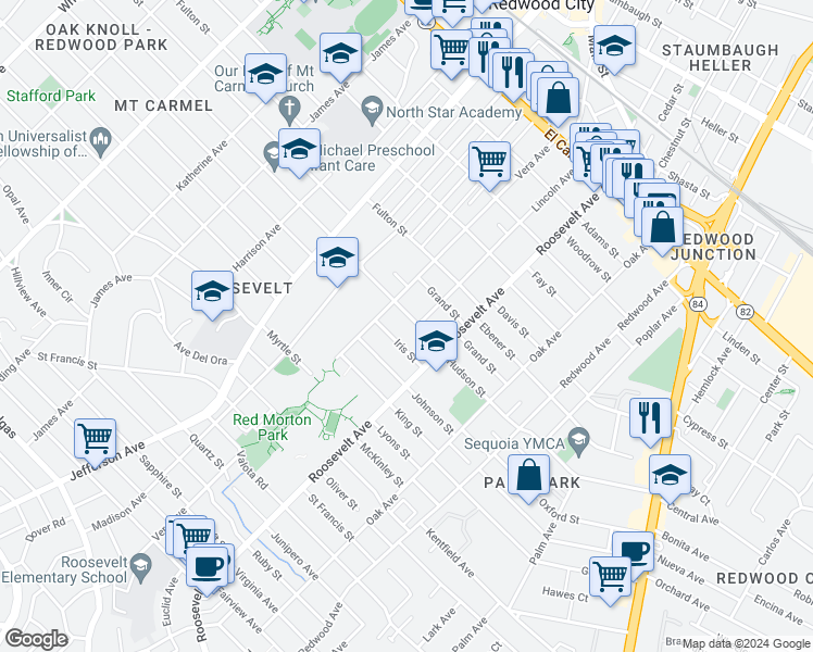 map of restaurants, bars, coffee shops, grocery stores, and more near 936 Hudson Street in Redwood City