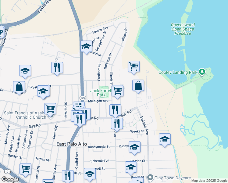 map of restaurants, bars, coffee shops, grocery stores, and more near 2544 Illinois Street in East Palo Alto