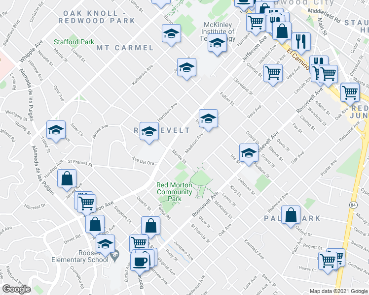 map of restaurants, bars, coffee shops, grocery stores, and more near 1122 Madison Avenue in Redwood City