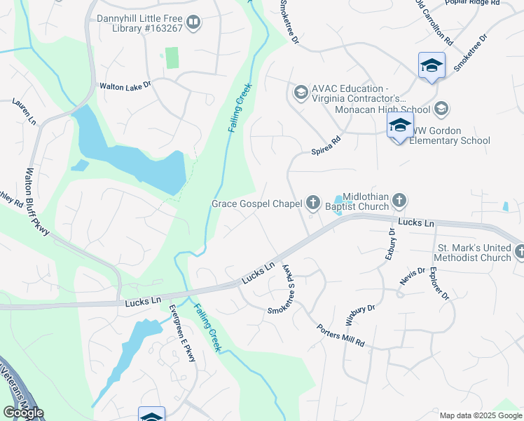 map of restaurants, bars, coffee shops, grocery stores, and more near 12037 Amber Meadows Lane in Midlothian