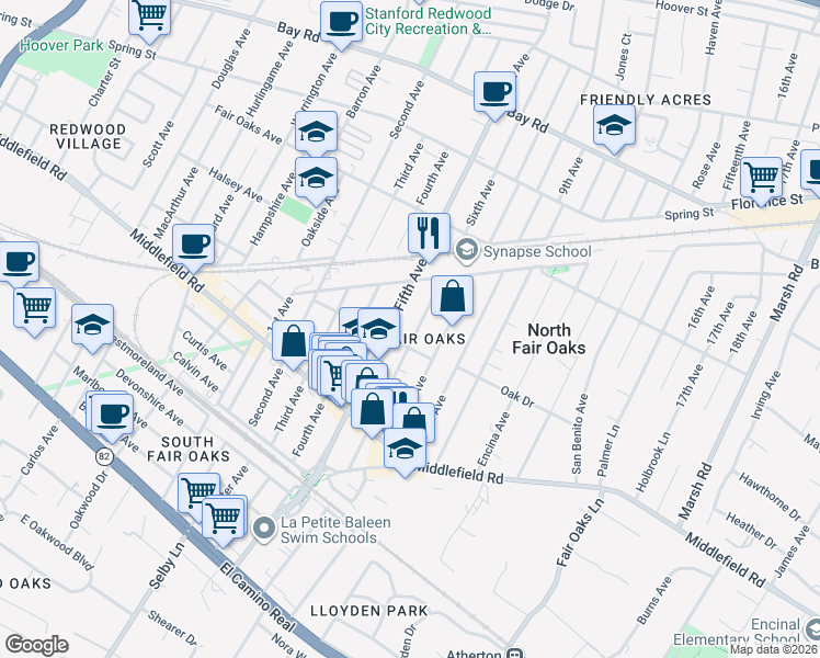 map of restaurants, bars, coffee shops, grocery stores, and more near in Atherton