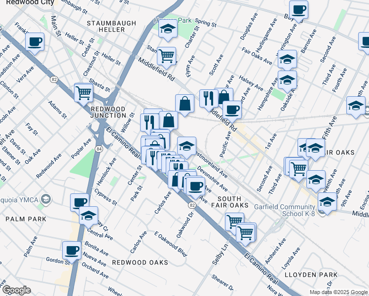 map of restaurants, bars, coffee shops, grocery stores, and more near 197 Nottingham Avenue in Redwood City