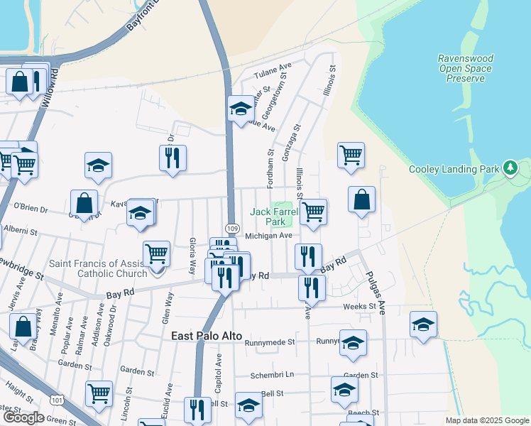map of restaurants, bars, coffee shops, grocery stores, and more near 2529 Fordham Street in East Palo Alto