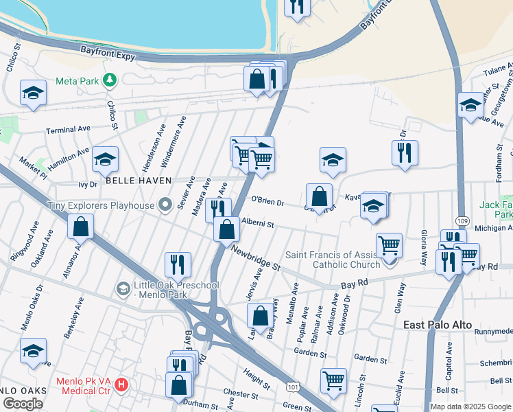 map of restaurants, bars, coffee shops, grocery stores, and more near 960 O'Brien Drive in Menlo Park