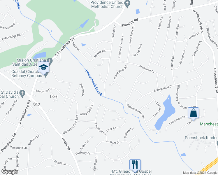 map of restaurants, bars, coffee shops, grocery stores, and more near 1819 Stone River Road in Richmond