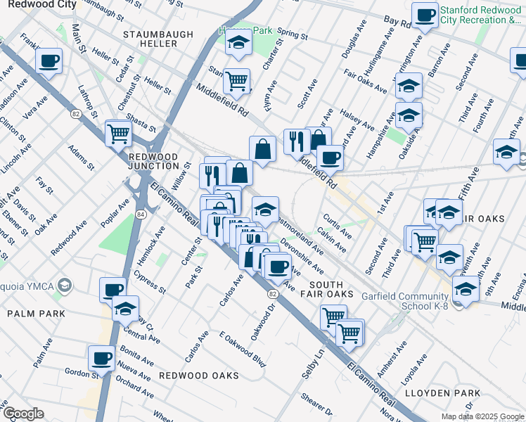 map of restaurants, bars, coffee shops, grocery stores, and more near 197 Nottingham Avenue in Redwood City