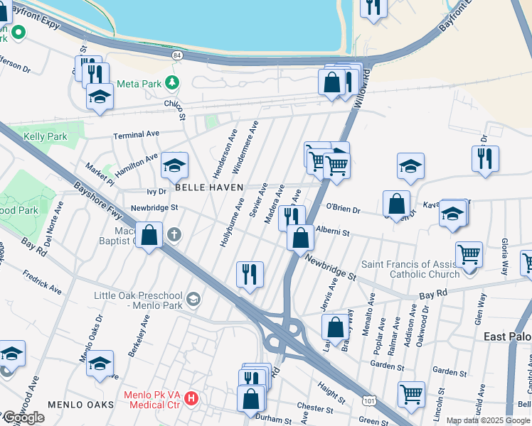 map of restaurants, bars, coffee shops, grocery stores, and more near 1220 Sevier Avenue in Menlo Park