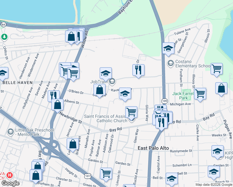map of restaurants, bars, coffee shops, grocery stores, and more near 12 Kirkwood Court in East Palo Alto