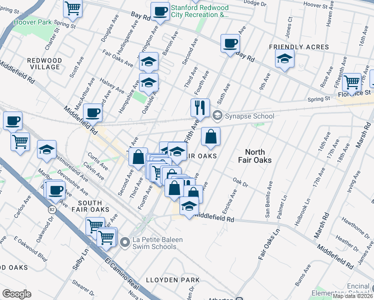 map of restaurants, bars, coffee shops, grocery stores, and more near in Atherton