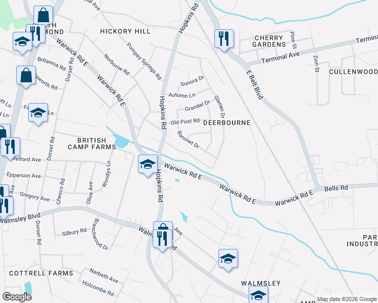 map of restaurants, bars, coffee shops, grocery stores, and more near 3814 Guilder Lane in Richmond