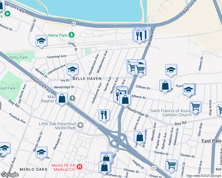 map of restaurants, bars, coffee shops, grocery stores, and more near 1220 Sevier Avenue in Menlo Park
