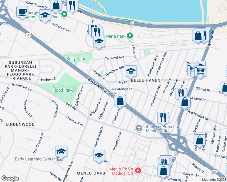 map of restaurants, bars, coffee shops, grocery stores, and more near 475 Pierce Road in Menlo Park